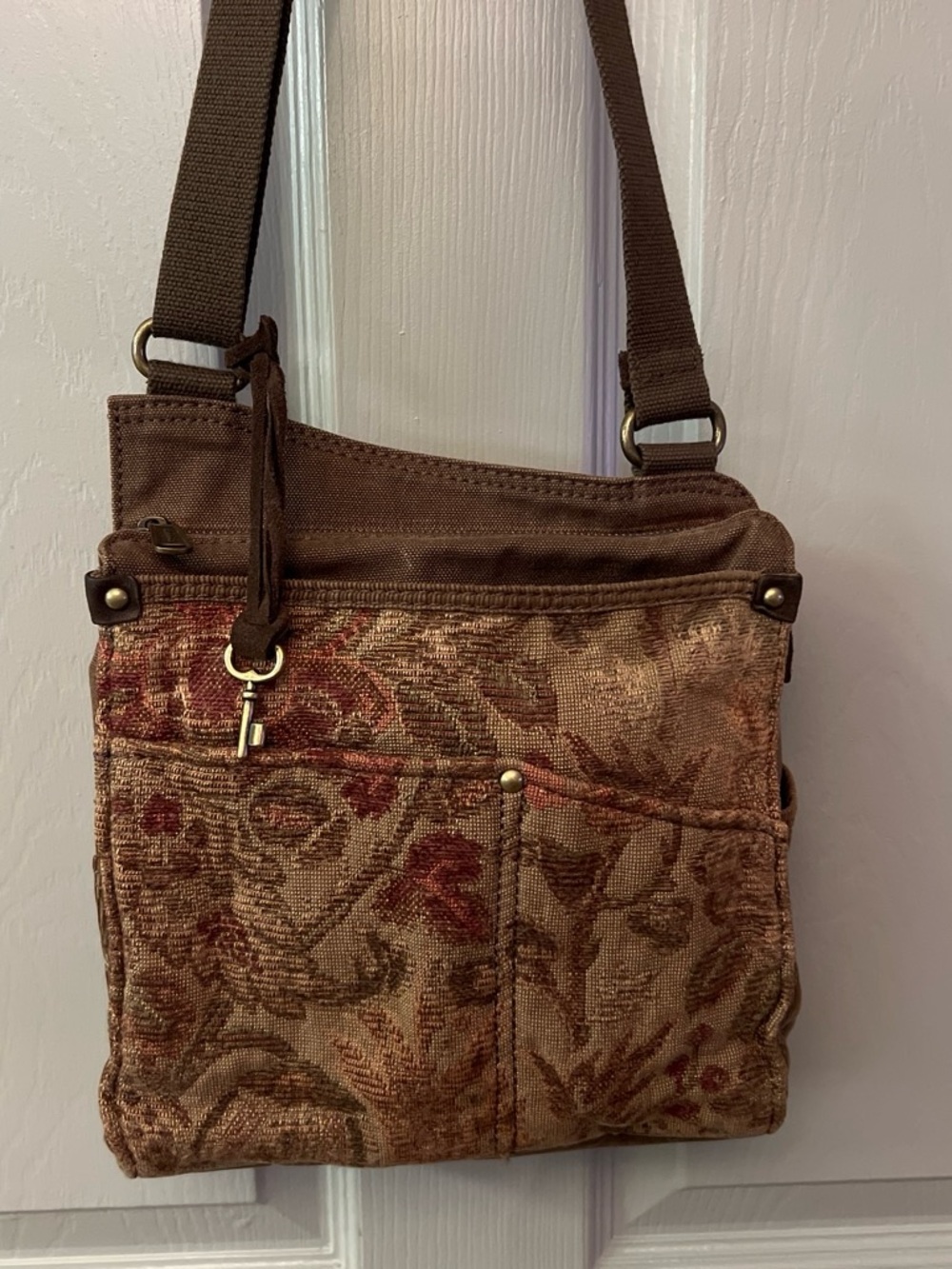 Vintage Y2K Fossil Brown Tapestry Canvas Crossbody Bag - Picture 2 of 8